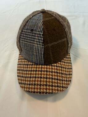 WYETH Wool Blend Plaid Patchwork Baseball Cap Houndstooth Brown Adjustable Hat